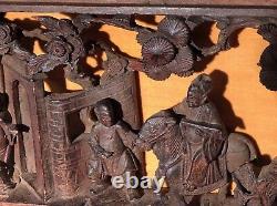 Antique Asian Hand Carved Wood Action Scene Horizontal Panel