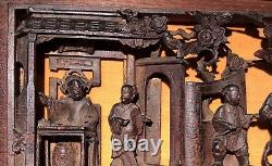 Antique Asian Hand Carved Wood Action Scene Horizontal Panel