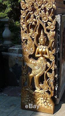 Antique Asian Large Gilt Carved Wood Temple Panel Plaque Deity Kinari