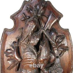 Antique Black Forest Carved 32.5 Wall Plaque, Superb Fruits of the Hunt Theme
