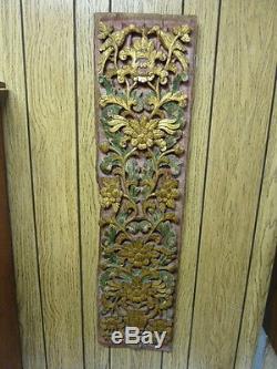 Antique Burmese Wood Carving Teak Polychrome Relief Panel Bird & Flower Wall Art