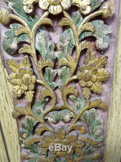 Antique Burmese Wood Carving Teak Polychrome Relief Panel Bird & Flower Wall Art
