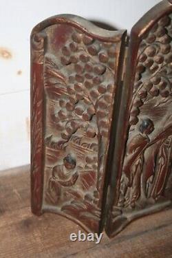 Antique CHINESE Carved Wood THREE PANEL TABLE SCREEN Asian