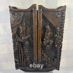 Antique CHINESE Hand Carved Wood THREE PANEL TABLE SCREEN Asian