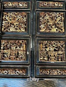 Antique Carved 2 Chinese Panel SIGNED Bird ALTAR DOOR Gold Gilt Wood Handpainted