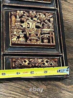 Antique Carved 2 Chinese Panel SIGNED Bird ALTAR DOOR Gold Gilt Wood Handpainted