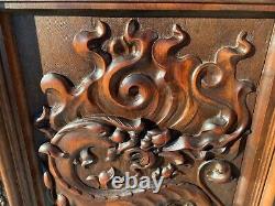 Antique Carved Oak Wood Architectural Door Panel Gothic Chimeras Griffin dragon