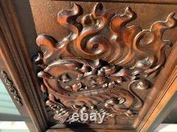 Antique Carved Oak Wood Architectural Door Panel Gothic Chimeras Griffin dragon