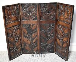 Antique Carved Wood 4 Panel Folding Decorative Fire Screen Divider
