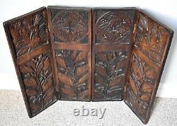Antique Carved Wood 4 Panel Folding Decorative Fire Screen Divider