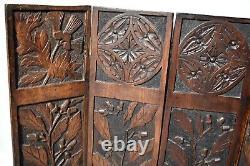 Antique Carved Wood 4 Panel Folding Decorative Fire Screen Divider