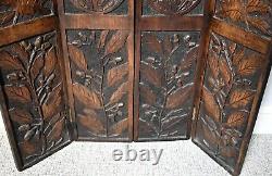 Antique Carved Wood 4 Panel Folding Decorative Fire Screen Divider