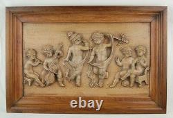 Antique Carved Wood Bas-Relief Furniture Panel Plaque Cherubs Putti Dancing