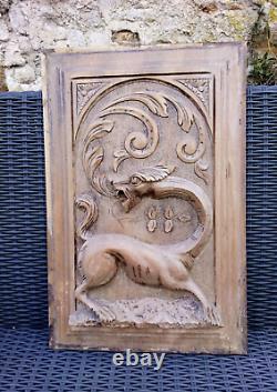 Antique Carved Wood archictural Panel/Door gothic dragon chimera griffin