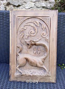 Antique Carved Wood archictural Panel/Door gothic dragon chimera griffin