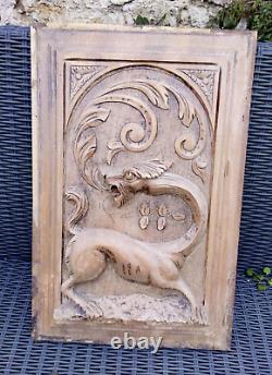 Antique Carved Wood archictural Panel/Door gothic dragon chimera griffin