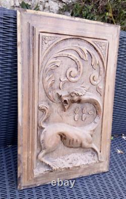 Antique Carved Wood archictural Panel/Door gothic dragon chimera griffin