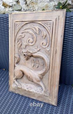 Antique Carved Wood archictural Panel/Door gothic dragon chimera griffin