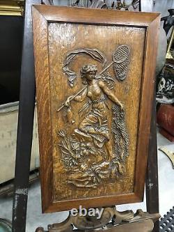 Antique Carved Wooden Art Nouveau Panel Amphitrite Sea Goddess Finely Detailed