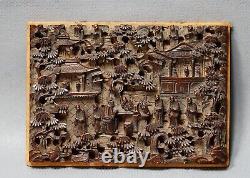 Antique China Chinese Wooden Carving Panel Scene Buddhist Monastery Decoration