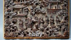 Antique China Chinese Wooden Carving Panel Scene Buddhist Monastery Decoration