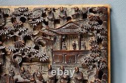 Antique China Chinese Wooden Carving Panel Scene Buddhist Monastery Decoration