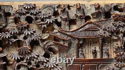 Antique China Chinese Wooden Carving Panel Scene Buddhist Monastery Decoration