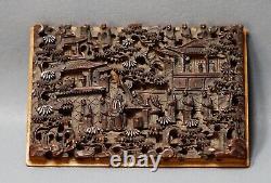 Antique China Chinese Wooden Carving Panel Scene Buddhist Monastery Decoration