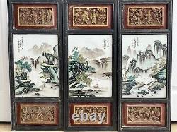 Antique Chinese 3 Framed Hand Painted Porcelain Scenic Landscape Tiles Plaques