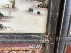 Antique Chinese 3 Framed Hand Painted Porcelain Scenic Landscape Tiles Plaques