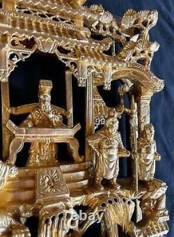 Antique Chinese 3D Gilded Wood Carving Panel 15 1/4 x 9 x 2 Excellent cond