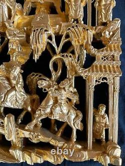 Antique Chinese 3D Gilded Wood Carving Panel 15 1/4 x 9 x 2 Excellent cond