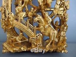 Antique Chinese Asian Carved Wood Gold Gilt Warrior Scene Panel High Relief