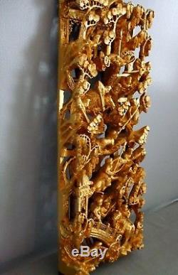 Antique Chinese Asian Carved Wood Gold Gilt Warrior Scene Panel High Relief