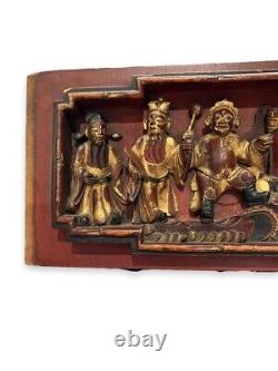 Antique Chinese Bas Relief Red Gilded Wood Panel Figures Oriental Carved 19th