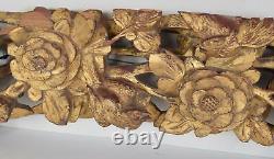 Antique Chinese Carved 3D Gilt Gold Wood Panel Birds Chrysanthemum Flowers Qing