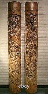 Antique Chinese Carved Bamboo Wall Panels Pair