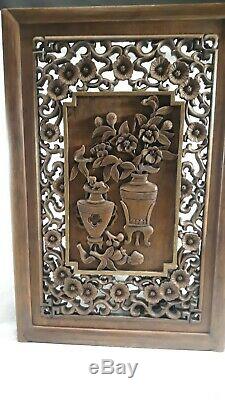 Antique Chinese Carved Deep Relief Wood Screen PanelTemple Foo Dog & Flower Urn