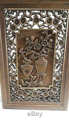 Antique Chinese Carved Deep Relief Wood Screen PanelTemple Foo Dog & Flower Urn