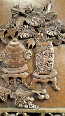 Antique Chinese Carved Deep Relief Wood Screen PanelTemple Incense Pot & Dragon