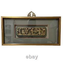 Antique Chinese Carved & Gilded Wood Panel Mounted Framed 3D Figures Landscape