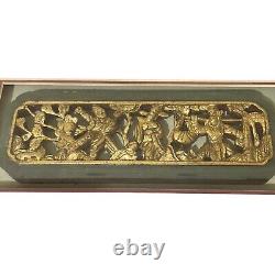 Antique Chinese Carved & Gilded Wood Panel Mounted Framed 3D Figures Landscape