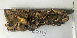 Antique Chinese Carved Gilt Wood Dragon Phoenix Floral Bird Architectural Panel