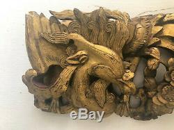 Antique Chinese Carved Gilt Wood Dragon Phoenix Floral Bird Architectural Panel