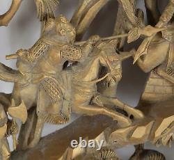 Antique Chinese Carved Gilt Wood Panel Fighting Figures Horse back 75 x 27.5 cm