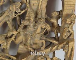 Antique Chinese Carved Gilt Wood Panel Fighting Figures Horse back 75 x 27.5 cm