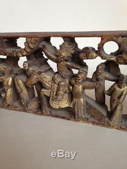 Antique Chinese Carved Gilt Wood Panel Figures / Warriors