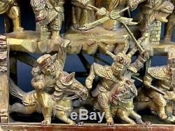 Antique Chinese Carved & Gilt Wood Panel Warriors Qing Dynasty