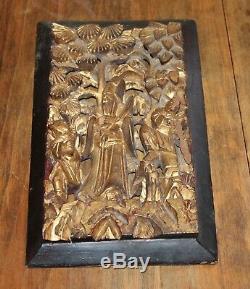 Antique Chinese Carved Gilt Wood Plaque Asian Carving Panel Relief Figures