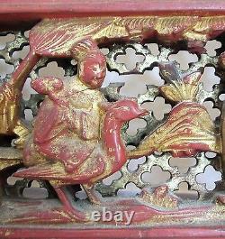 Antique Chinese Carved Gold Gilt & Red Wood Panel with Immortal on Crane (15.6)